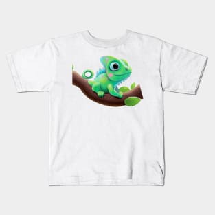 Green lovely chameleon on tree branch Kids T-Shirt